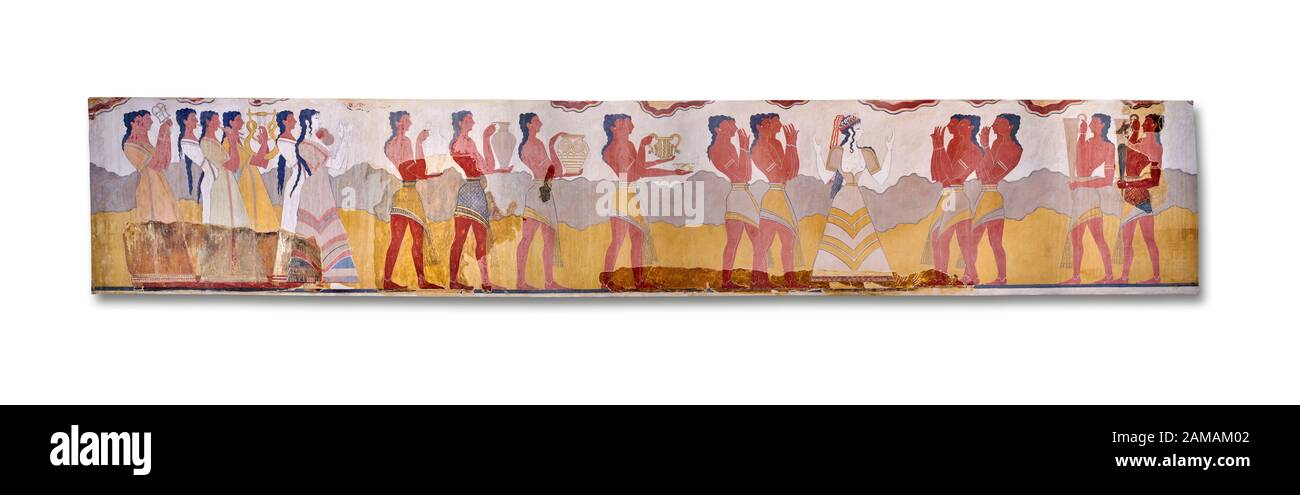 The Minoan 'Procession Fresco', wall art from the South Prpylaeum, Knossos Palace, 1500-1400 BC . Heraklion Archaeological Museum.  White Background. Stock Photo