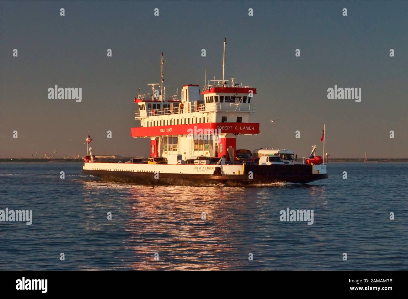 Robert C Lanier, ferry crossing Galveston Bay, coming to Bolivar Peninsula from Galveston, Texas, USA Stock Photo