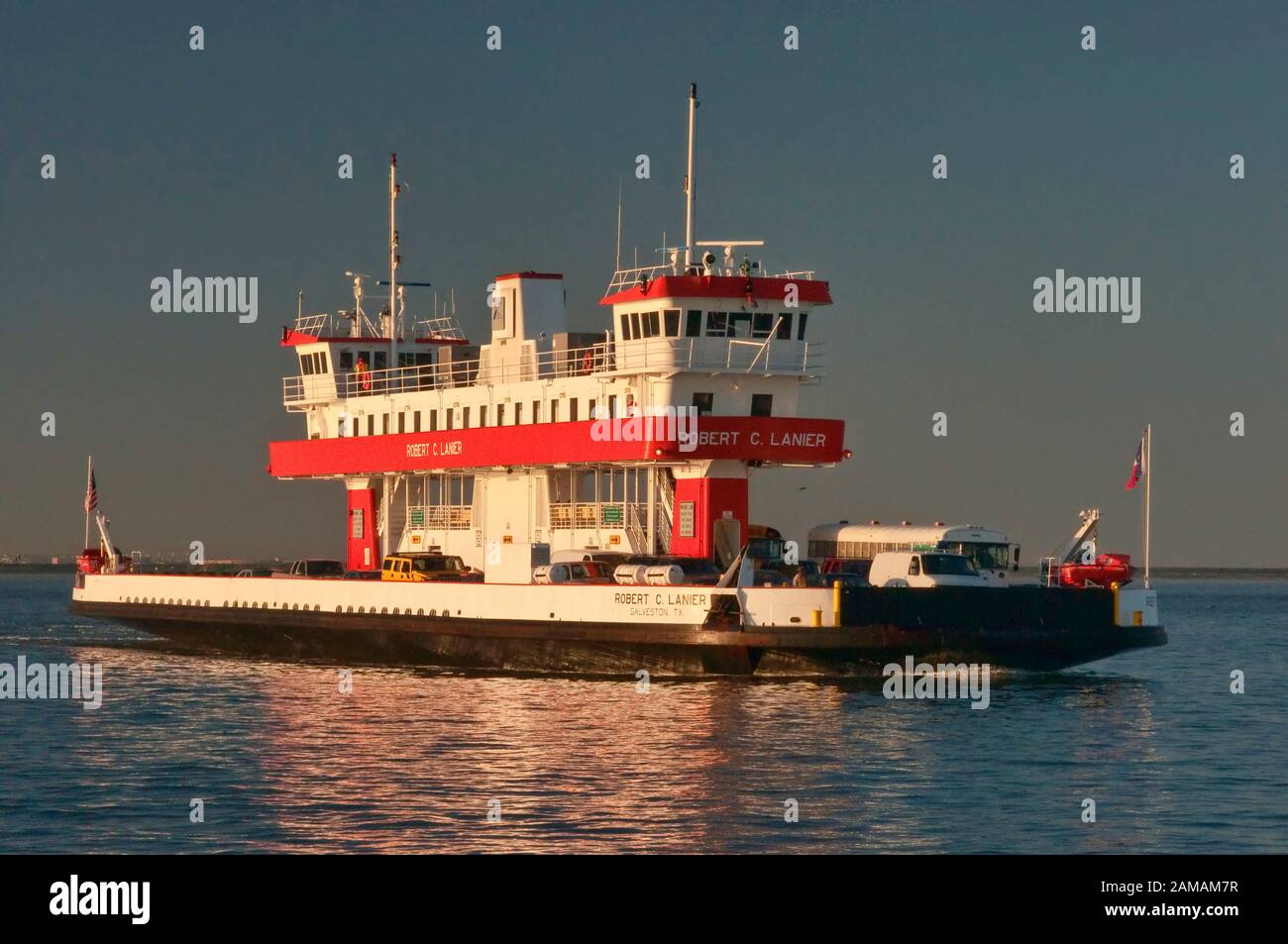 Robert C Lanier, ferry crossing Galveston Bay, coming to Bolivar Peninsula from Galveston, Texas, USA Stock Photo