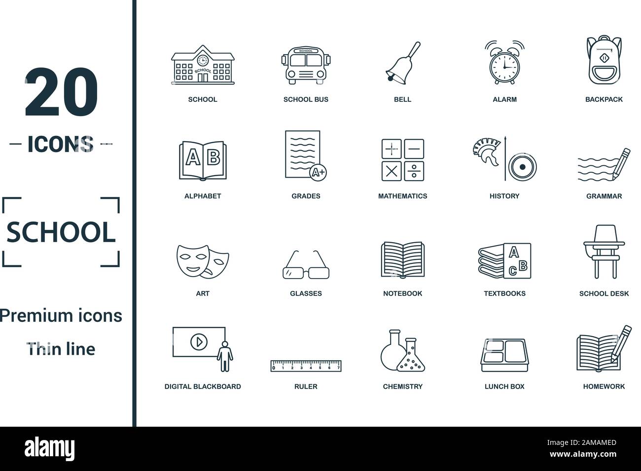 School icon set. Include creative elements school, bell, alphabet, history, art icons. Can be used for report, presentation, diagram, web design Stock Vector