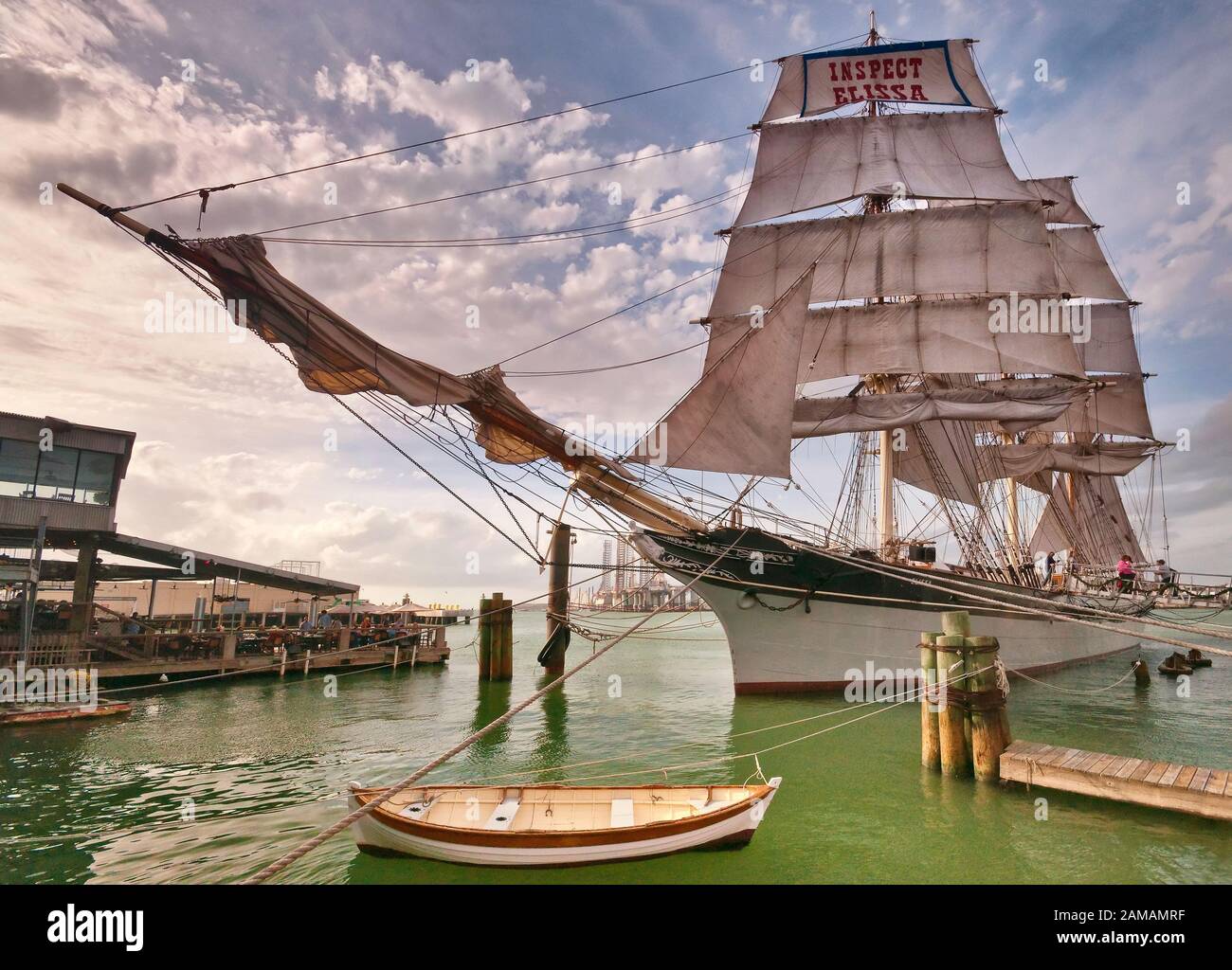 Historic tall ship Elissa moored at Texas Seaport Museum in Galveston