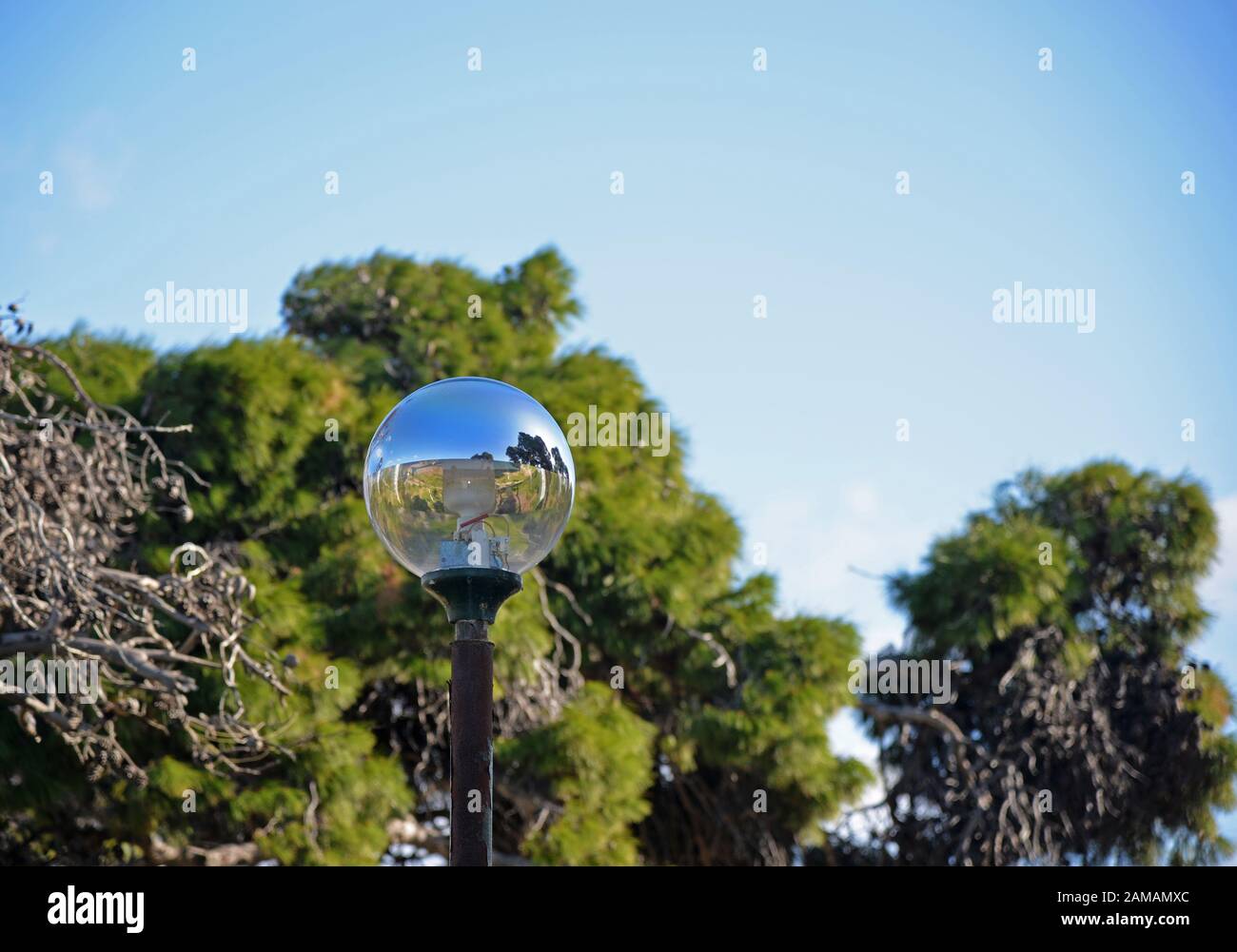 Reflection of the surroundings on a street light. Stock Photo