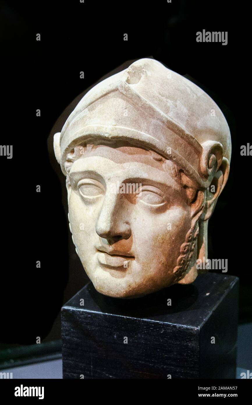 Egypt, Alexandria, National Museum, head of a soldier, with helm and helmet, or god Hermes ? Stock Photo