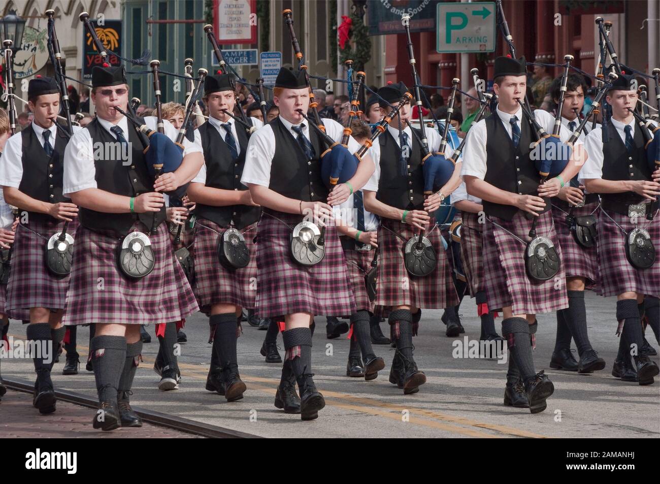 Bagpipe band at Dickens on The Strand parade, The Strand, Galveston, Texas, USA Stock Photo
