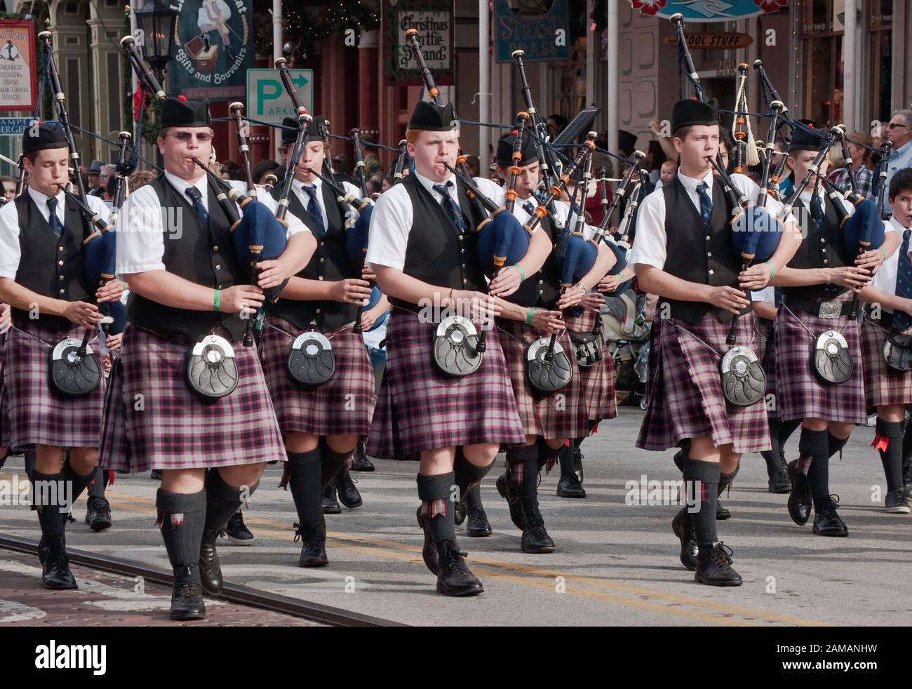 Bagpipe band at Dickens on The Strand parade, The Strand, Galveston, Texas, USA Stock Photo