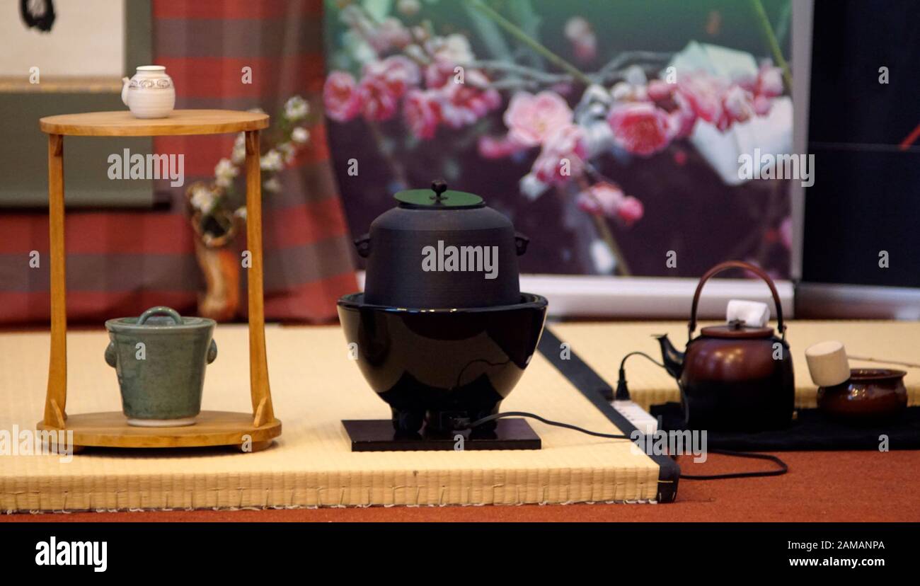 Japanese tea ceremony. Set up of the utelnsils used in traditional tea
