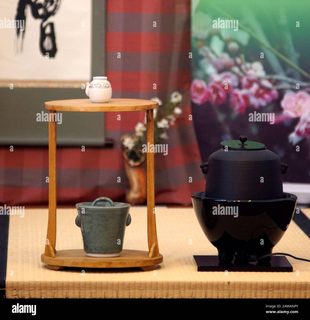 Japanese tea ceremony. Set up of the utelnsils used in traditional tea