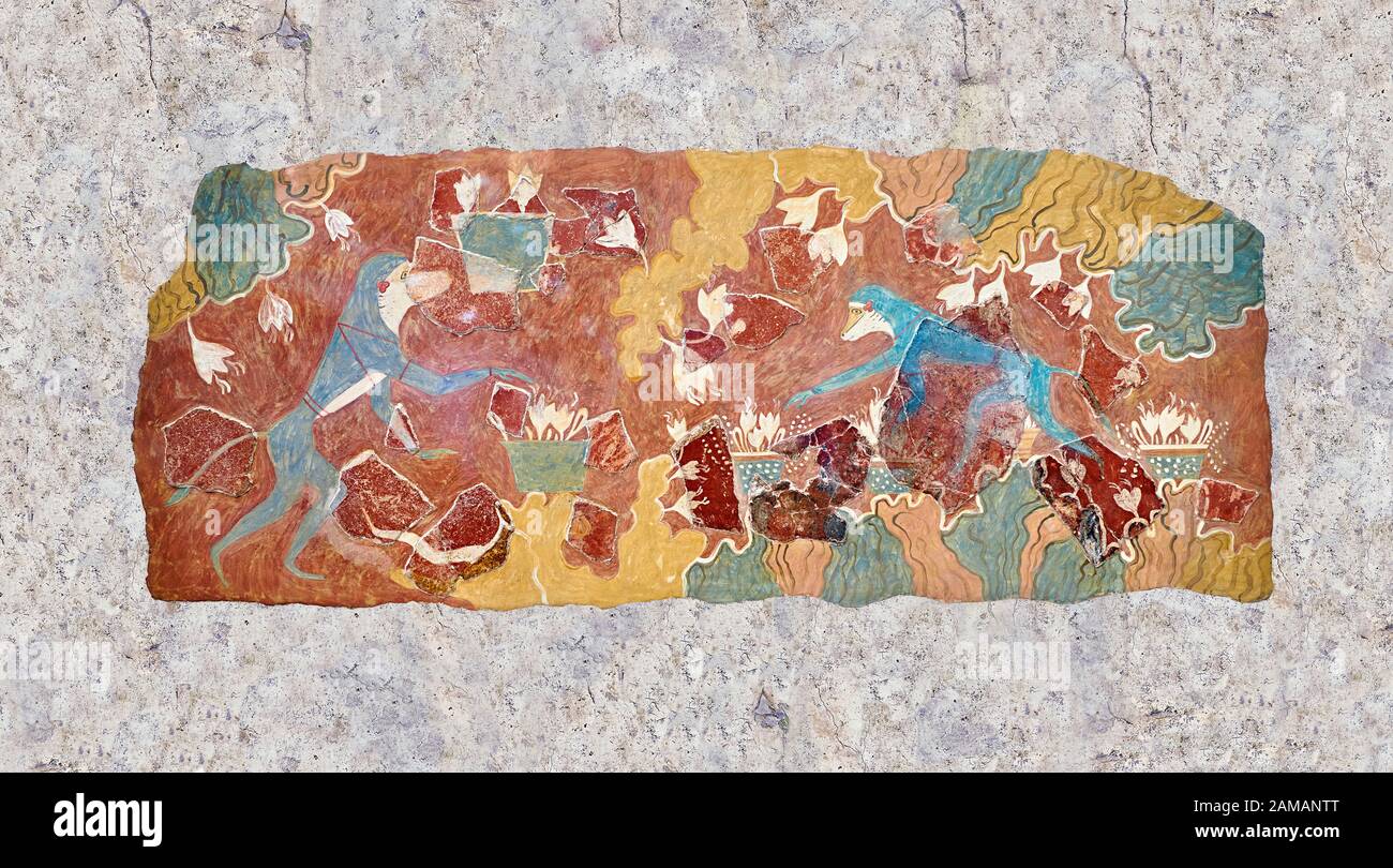 The Minoan 'Saffron Gatherer' wall art fresco, from 'House of Frescoes ...