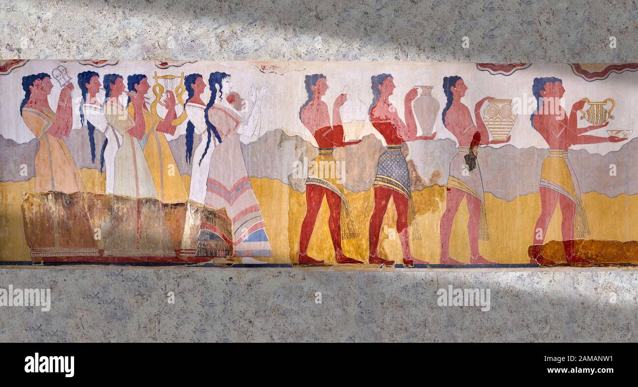 The Minoan 'Procession Fresco', wall art from the South Prpylaeum, Knossos Palace, 1500-1400 BC . Heraklion Archaeological Museum.  This latrge Minoan Stock Photo
