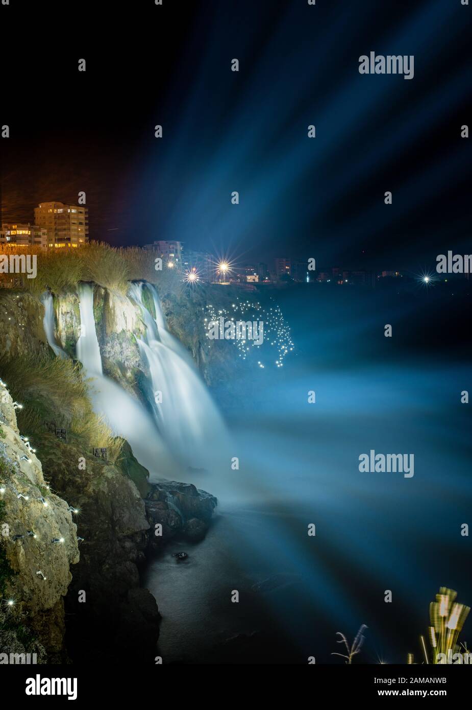 Long exposure in Antalya Duden waterfall at night Stock Photo
