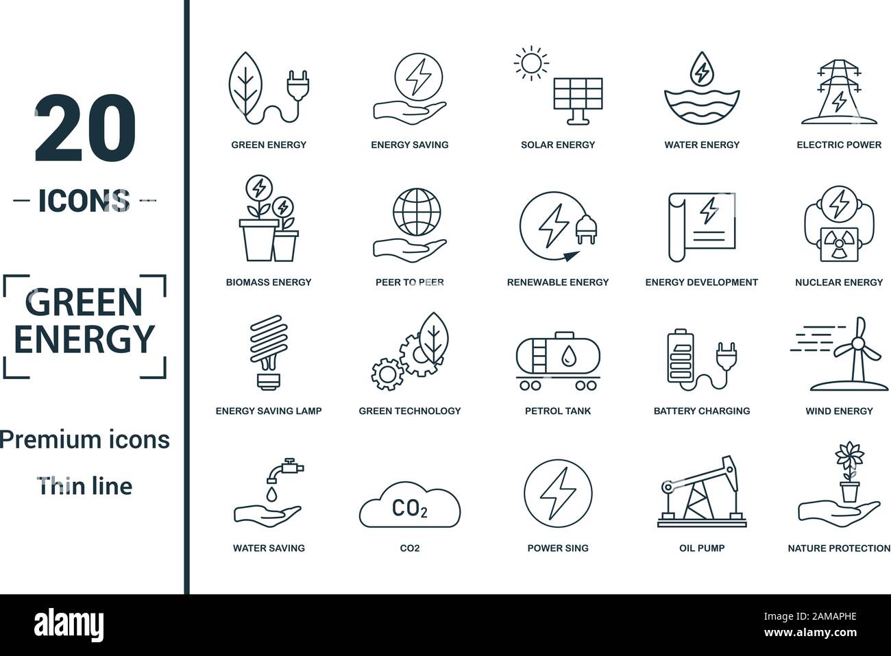 Power And Energy icon set. Include creative elements green energy, solar energy, biomass, energy development, energy saving lamp icons. Can be used Stock Vector