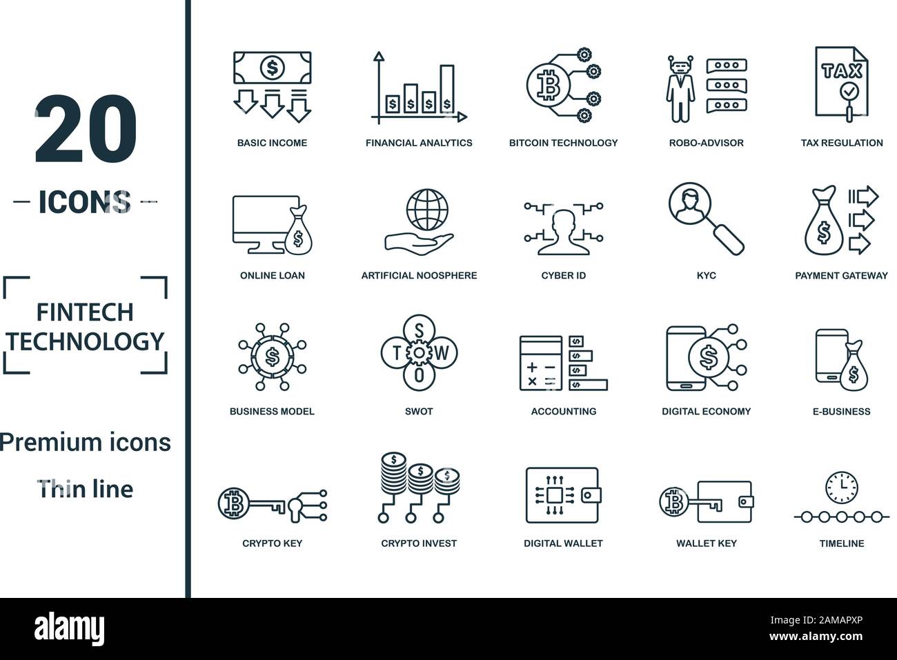 Fintech Technology icon set. Include creative elements basic income, bitcoin technology, online loan, kyc, business model icons. Can be used for Stock Vector