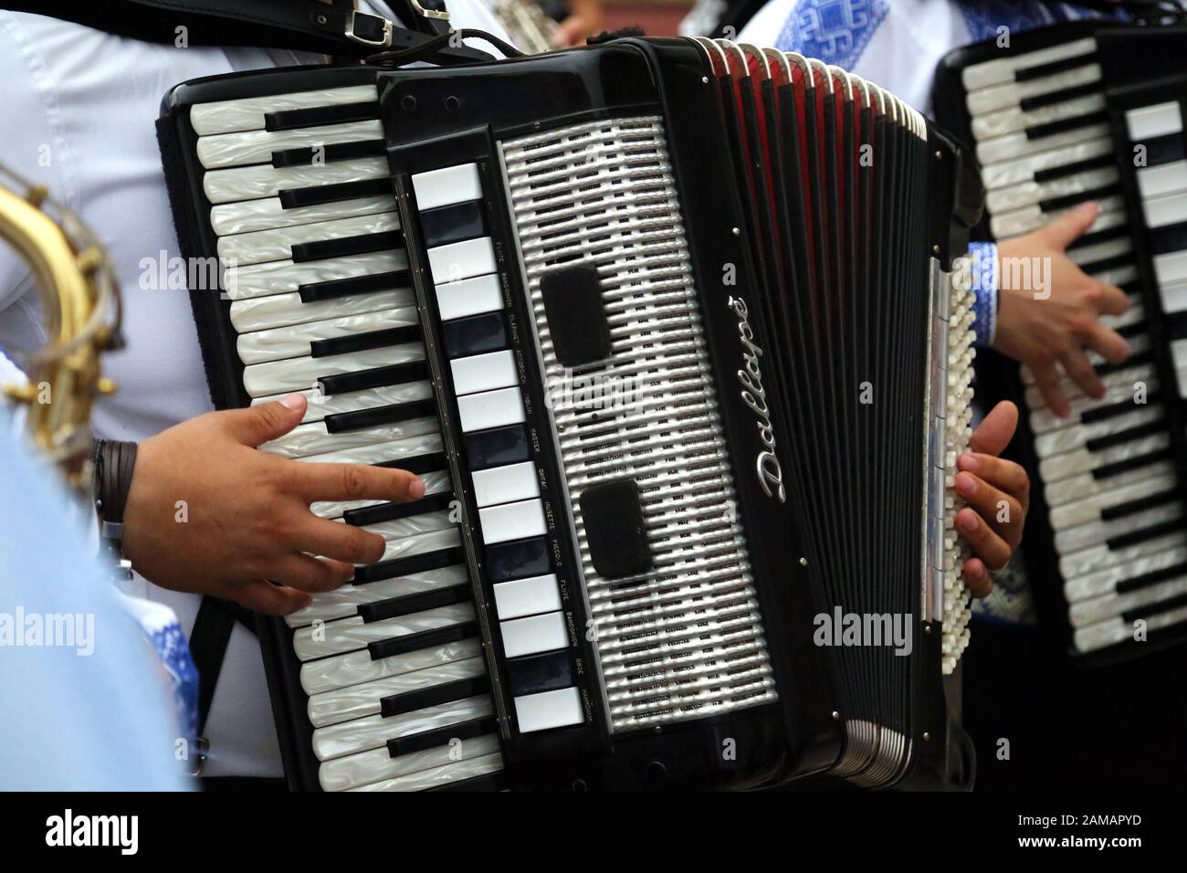 Folklore artist play the accordion wearing beautiful traditional