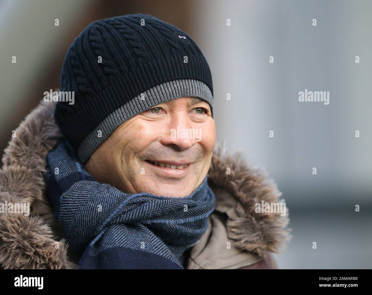 England head coach Eddie Jones watching Northampton Saints and Benetton Rugby during the Heineken Champions Cup pool one match at Franklin's Gardens, Northampton. Stock Photo