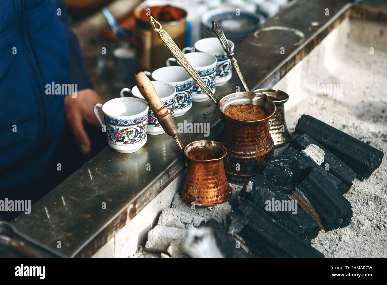 Cooking freshly flavored traditional Turkish charcoal coffee