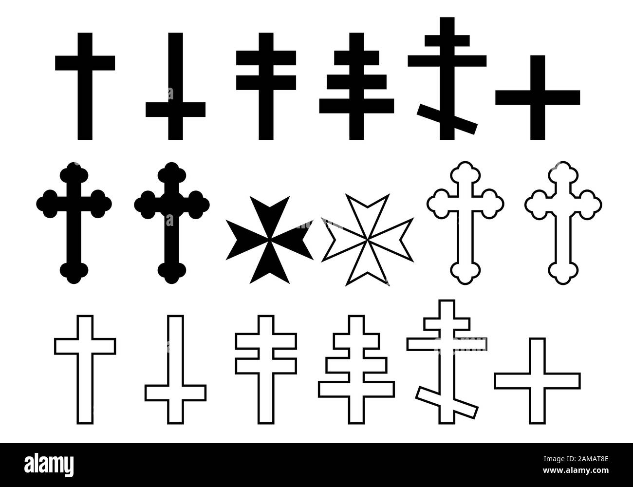 Set of Black and white illustration of Christian Cross Orthodox Church, Lorraine, Maltese and Greek - vector Stock Vector