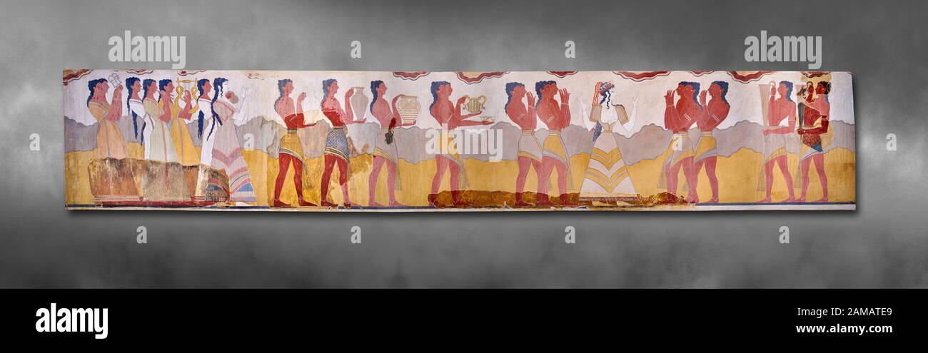 The Minoan 'Procession Fresco', wall art from the South Prpylaeum, Knossos Palace, 1500-1400 BC . Heraklion Archaeological Museum.  Grey Background. Stock Photo