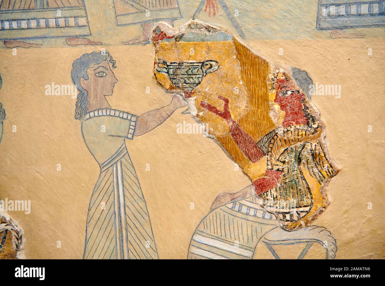 Close up of The Minoan ' Camp Stool' wall art fresco from the West vwing of Knossos Palace, 1450