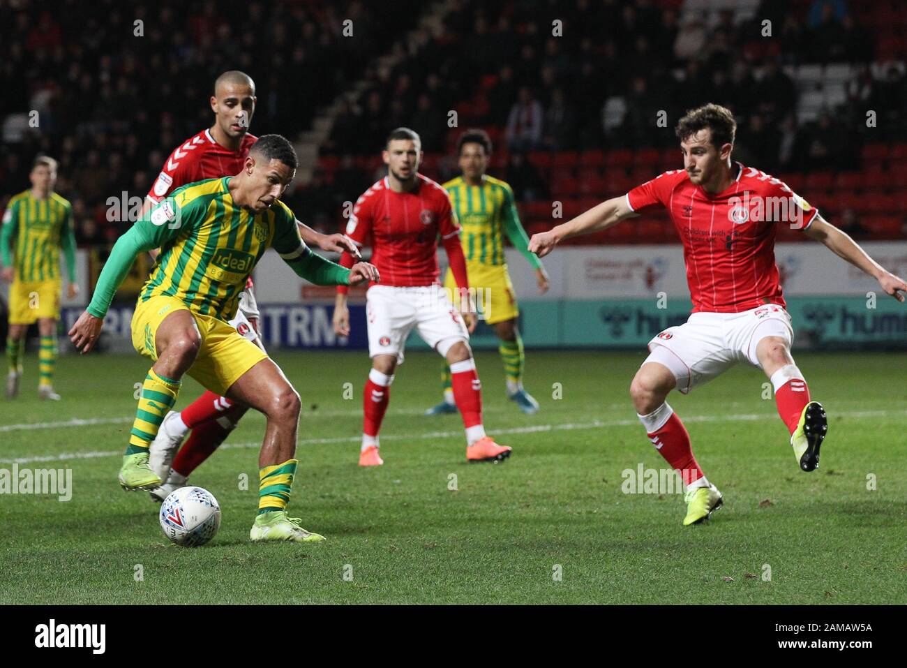 Jake Livermore of West Bromwich Albion controls the ball ahead of Tom Lockyer of Charlton Athletic during the EFL Sky Bet Championship match between Charlton Athletic and West Bromwich Albion at The Valley, London, England on 11 January 2020. Photo by Ken Sparks. Editorial use only, license required for commercial use. No use in betting, games or a single club/league/player publications. Stock Photo