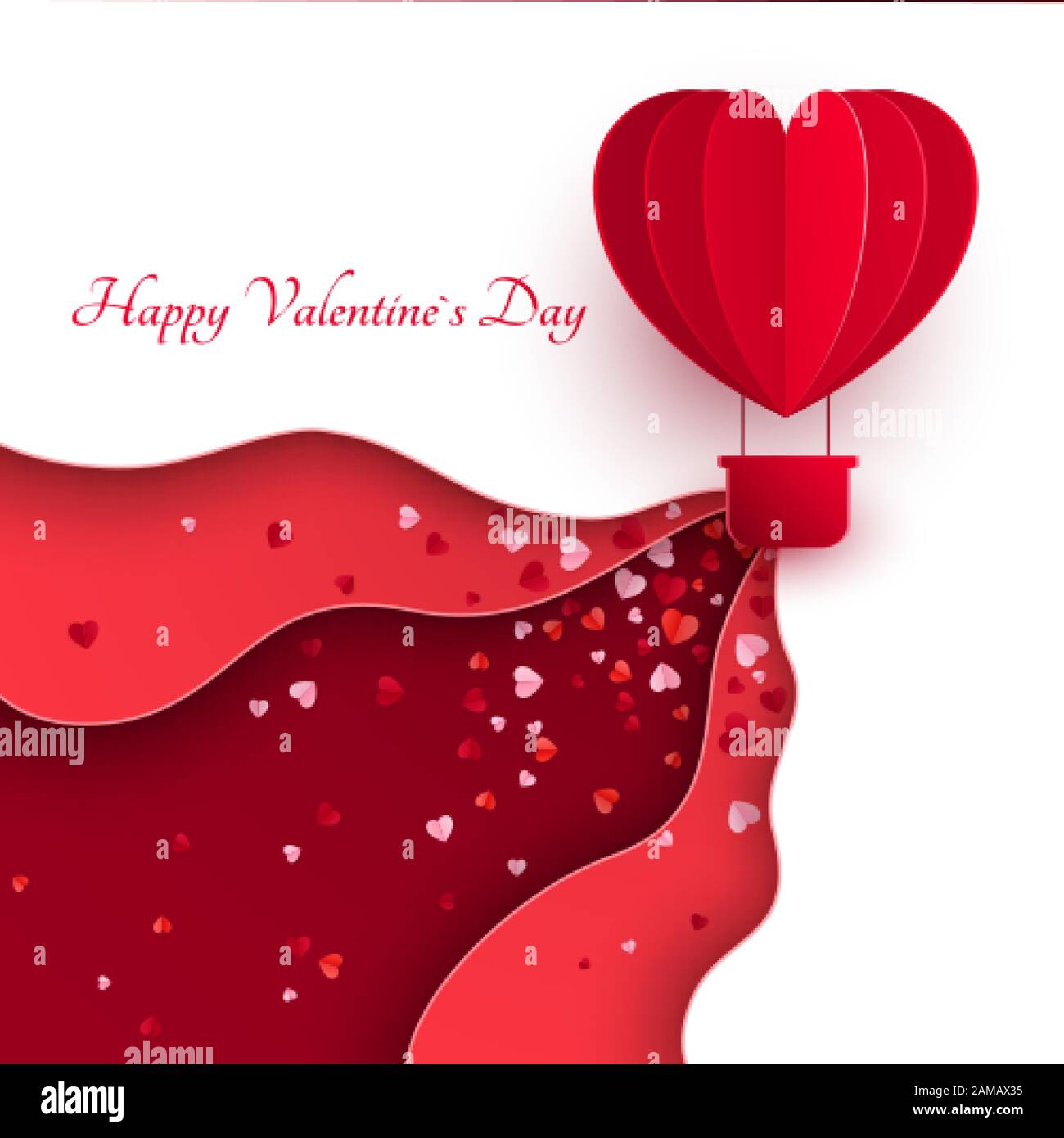 Valentine`s day with paper cut red heart shape balloon flying. Balloon ...