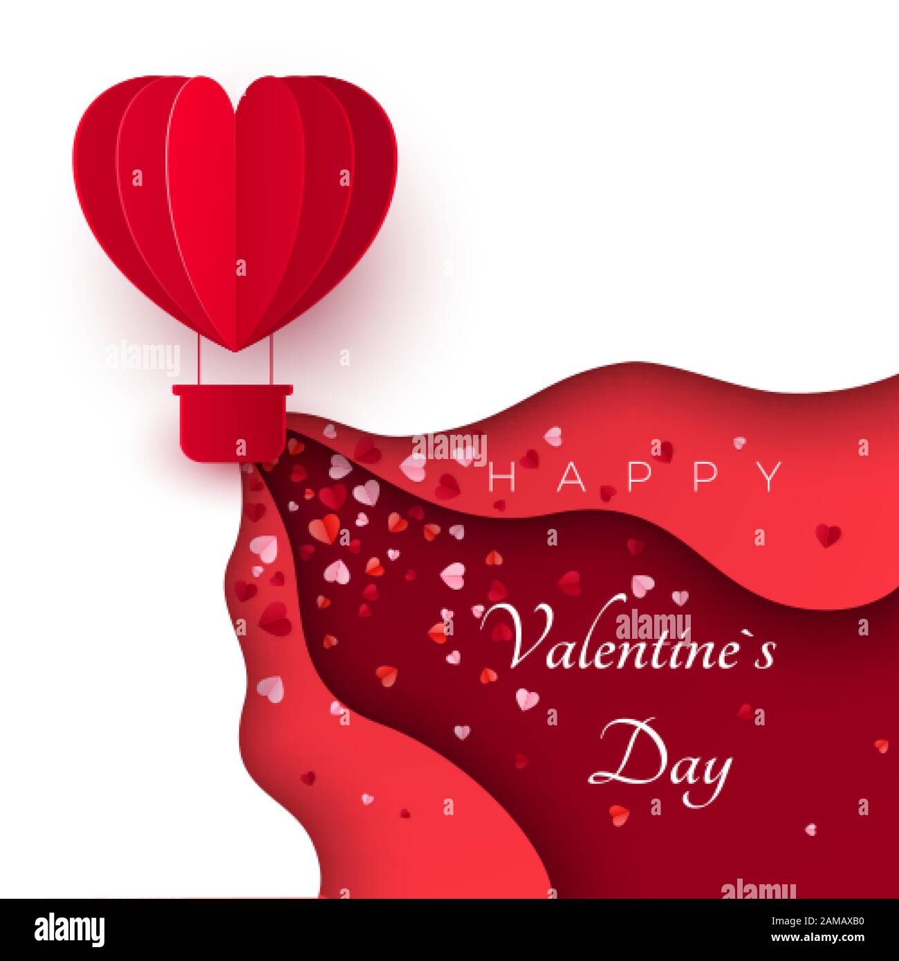 Happy Valentine`s day greeting card with paper cut red heart shape ...