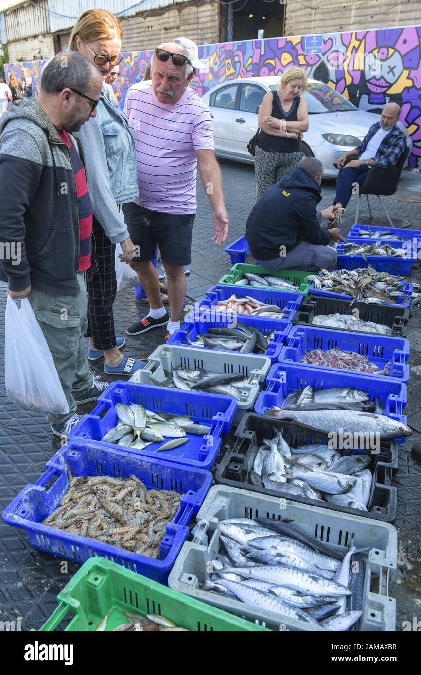 Fischverkauf, Hafenmole, Jaffa, Tel Aviv, Israel Stock Photo