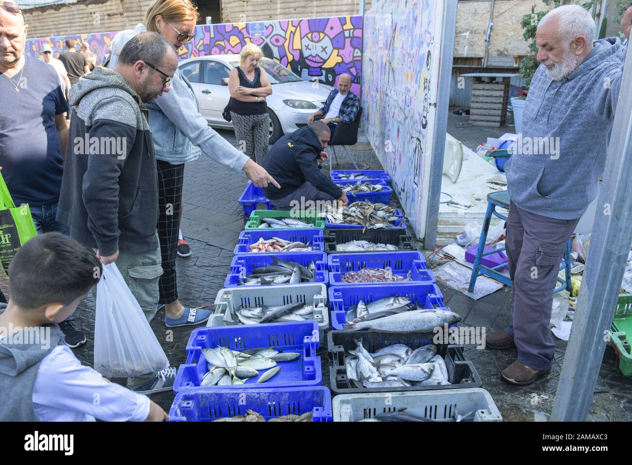 Fischverkauf, Hafenmole, Jaffa, Tel Aviv, Israel Stock Photo