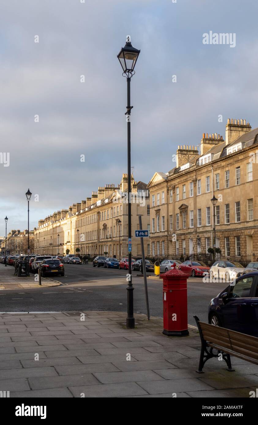 Georgian architecture of the terraced townhouses in Great Pulteney Street, City of Bath, England, UK Stock Photo