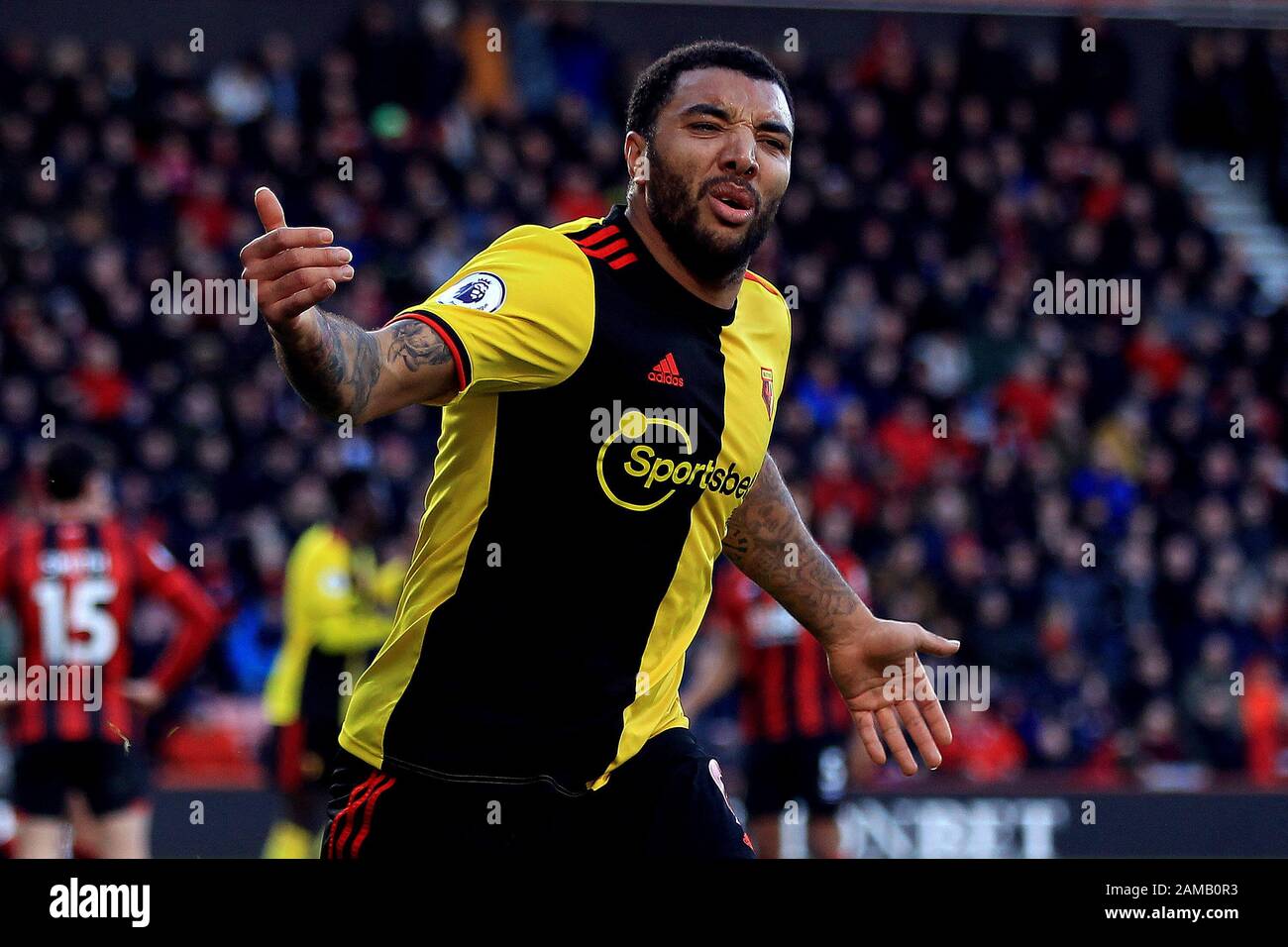 Bournemouth, UK. 12th Jan, 2020. Troy Deeney of Watford celebrates after scoring his team's second goal. Premier League match, AFC Bournemouth v Watford at the Vitality Stadium in Bournemouth, Dorset on Sunday 12th January 2020. this image may only be used for Editorial purposes. Editorial use only, license required for commercial use. No use in betting, games or a single club/league/player publications. pic by Steffan Bowen/ Credit: Andrew Orchard sports photography/Alamy Live News Stock Photo