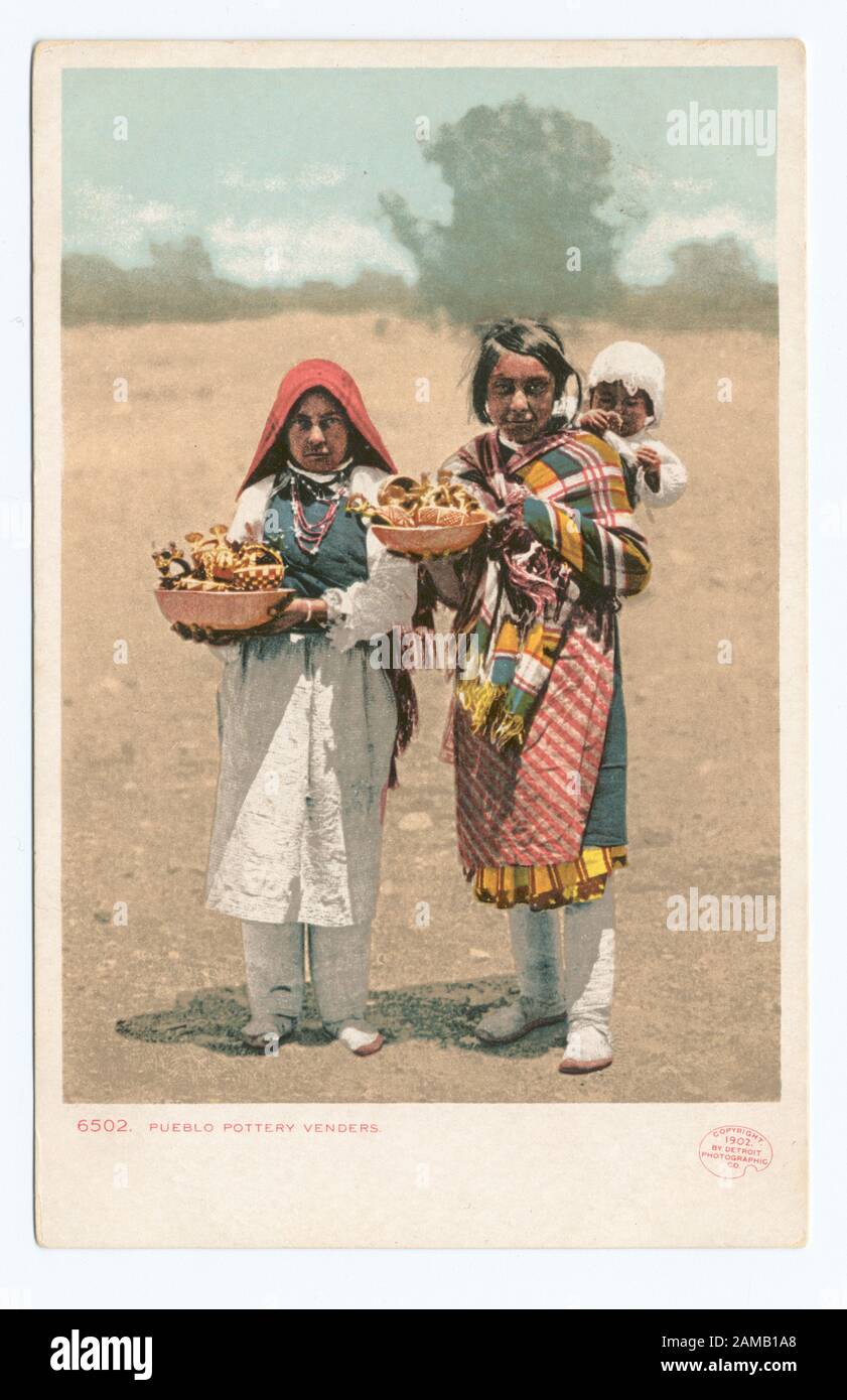 Pueblo Indians selling Pottery  Postcard series number: 6502 1902-1903. Transitioned to full-size illustration, when postal regulations permitted address and message together on reverse.; Pueblo Indians selling Pottery Stock Photo