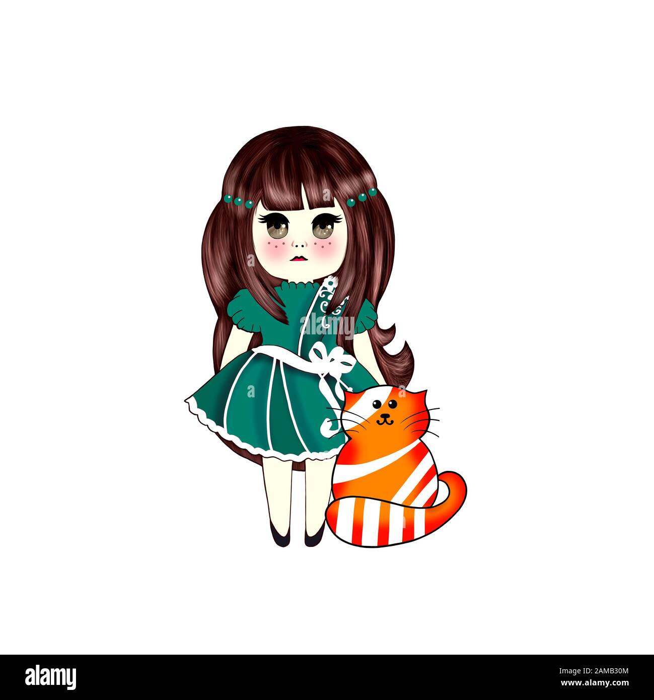 Kawaii Girl in a Green Dress with Kawaii Red Cats. Isolated on a White Background. Stock Photo