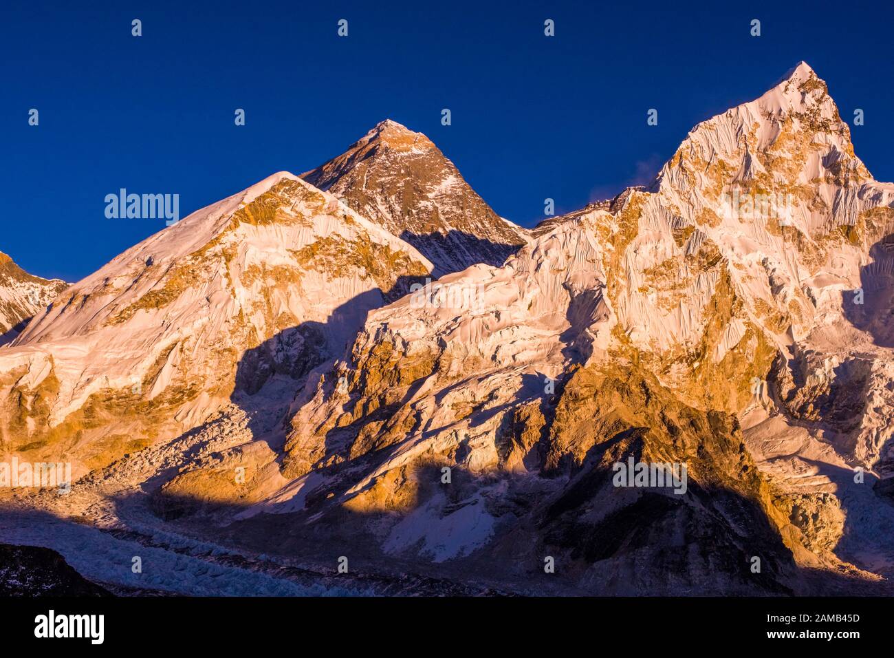 The summit of Everest, the worlds highest mountain,in the Khumbu region of the Nepal Himalayas, seen from Kala Patthar Stock Photo