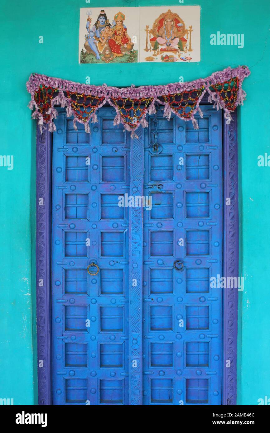 Colourful Door in Maringana Village of the Rabari Tribe, Gujarat, India Stock Photo