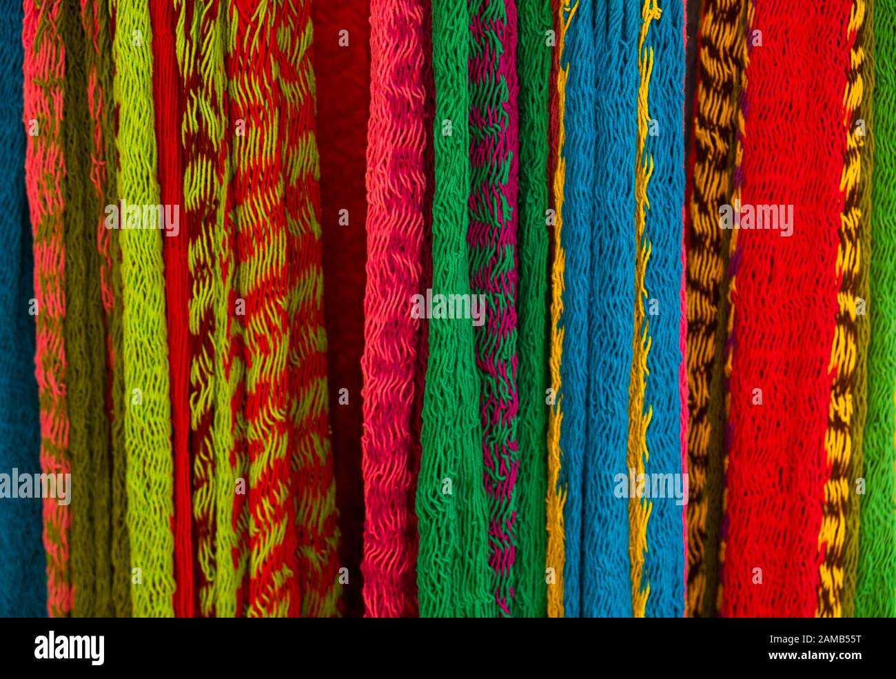 Close-up of multi-colored hammocks, open air market in India Stock Photo