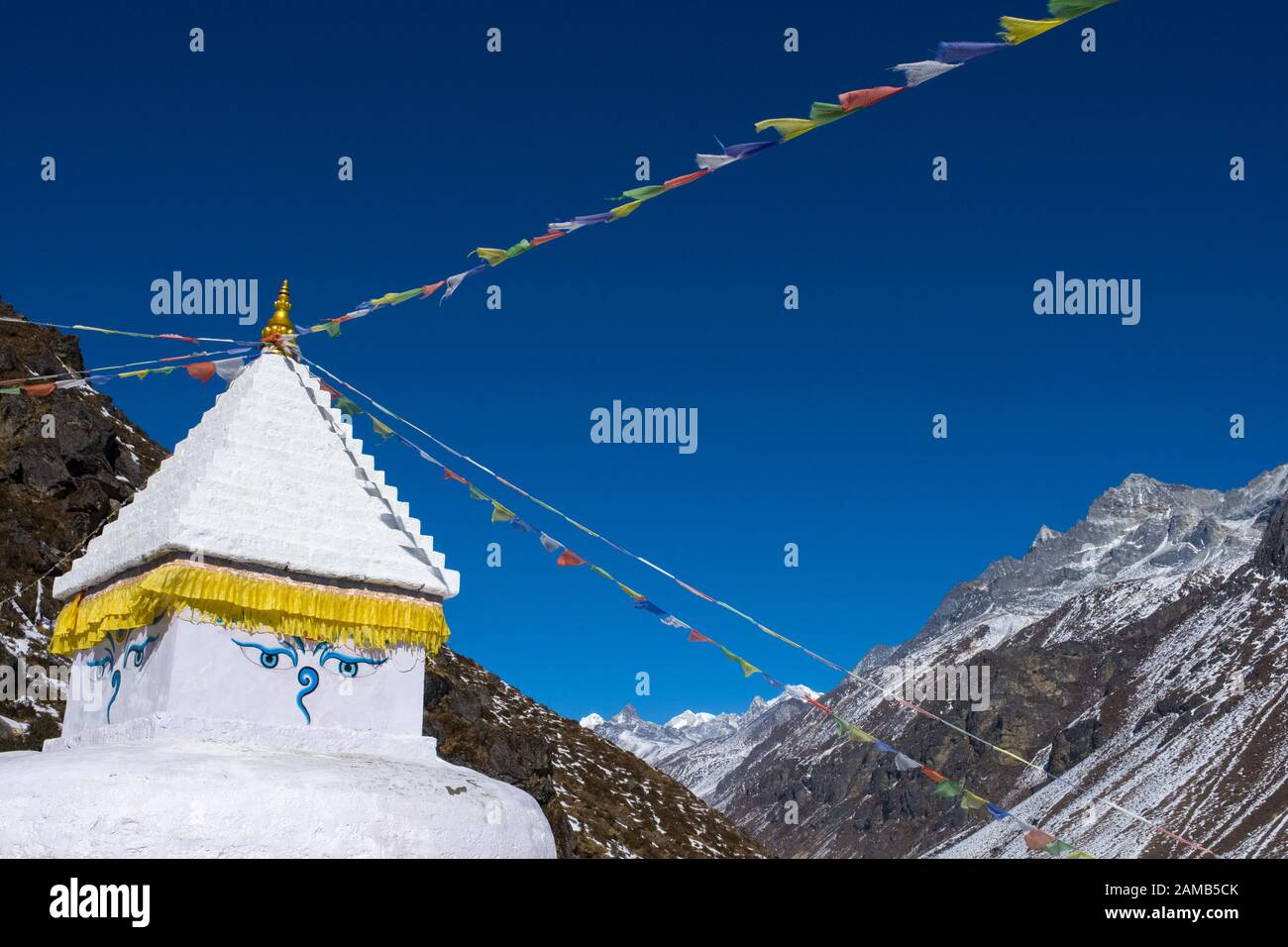 Buddhist Chorten / Stupa / shrine with prayer flags and all seeing eyes, Nepal Himalayas Stock Photo