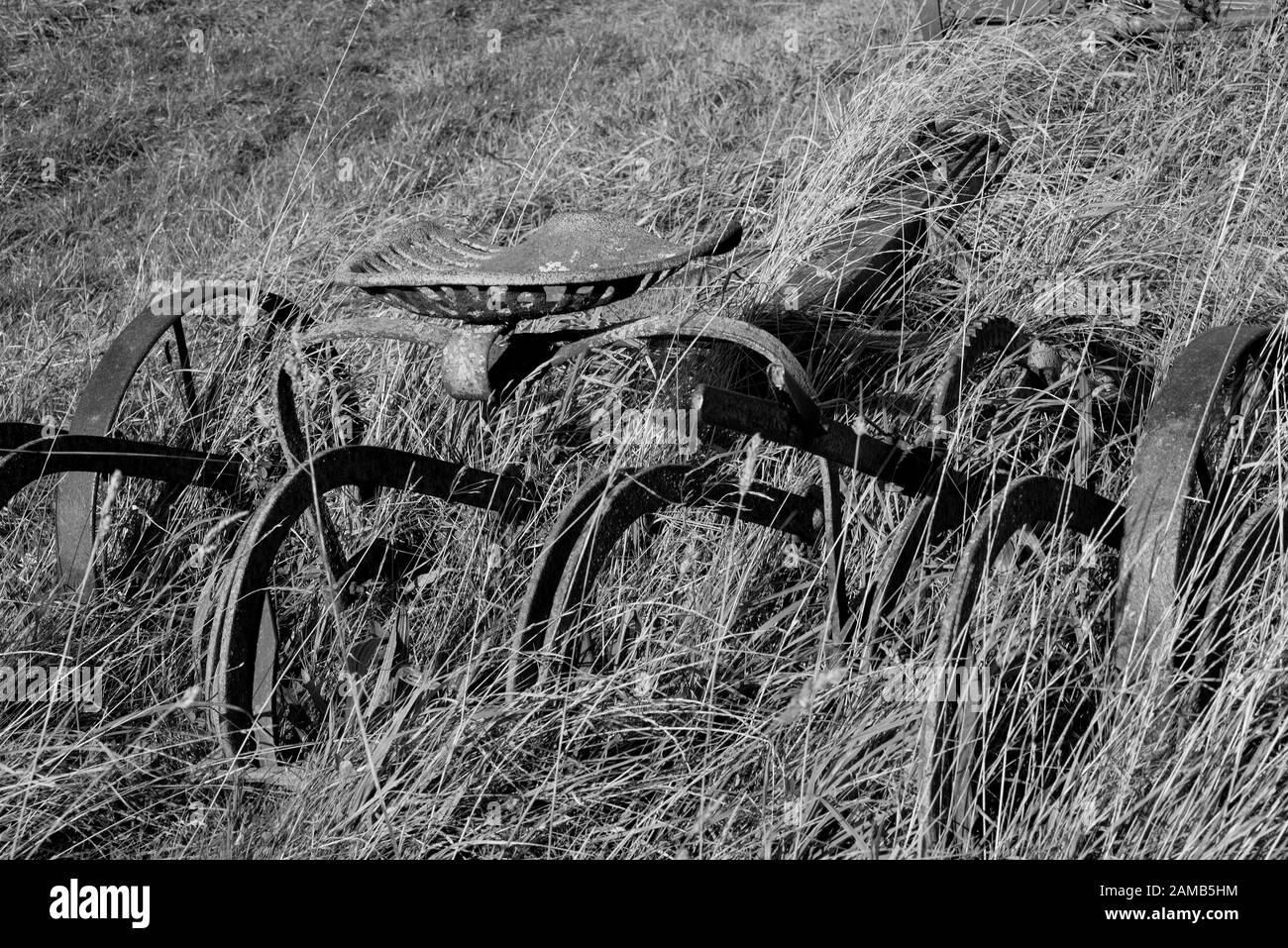 Old farm machinery abandoned at edge of field and in among grasses Stock Photo