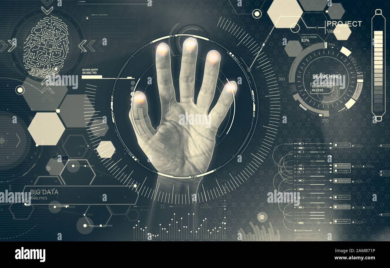 Example of HUD interface. Interaction with icons, hand on touch screen ...