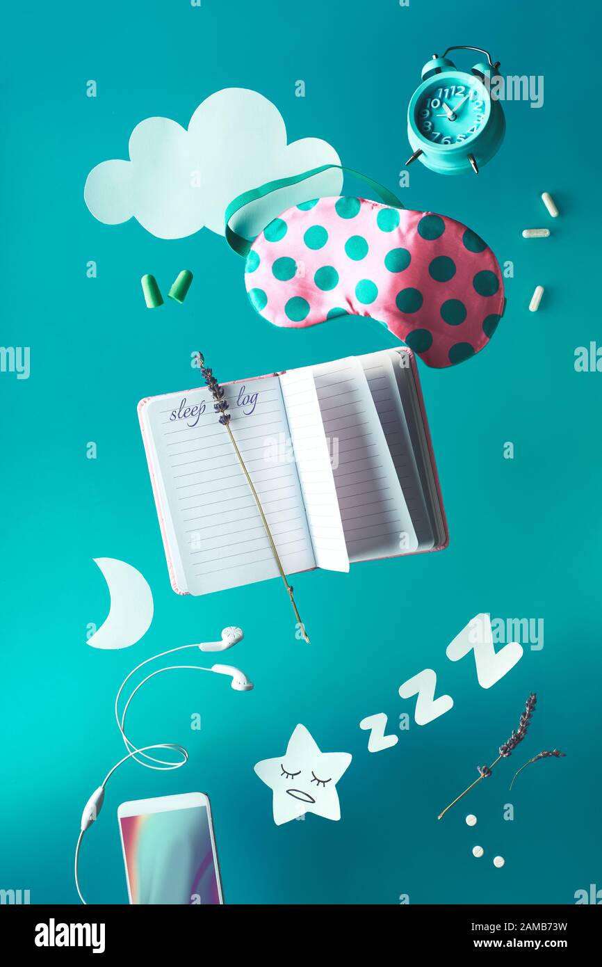 Healthy night sleep creative concept with sleep log handwritten diary
