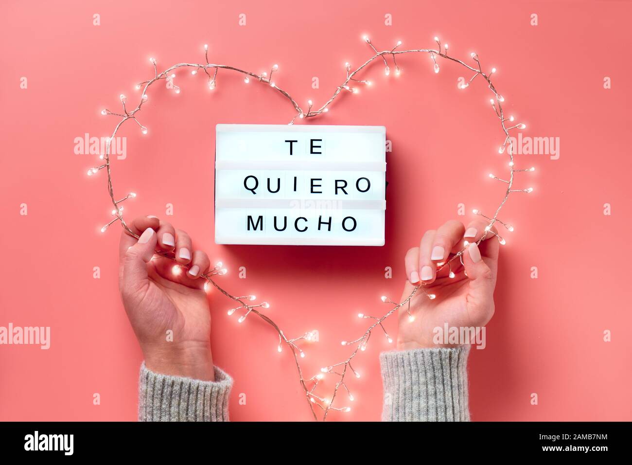Valentine flat lay, top view on pink background. Lightbox with text 'Te quiero mucho' means 'I love you' in Spanish. Light garland in heart shape held Stock Photo