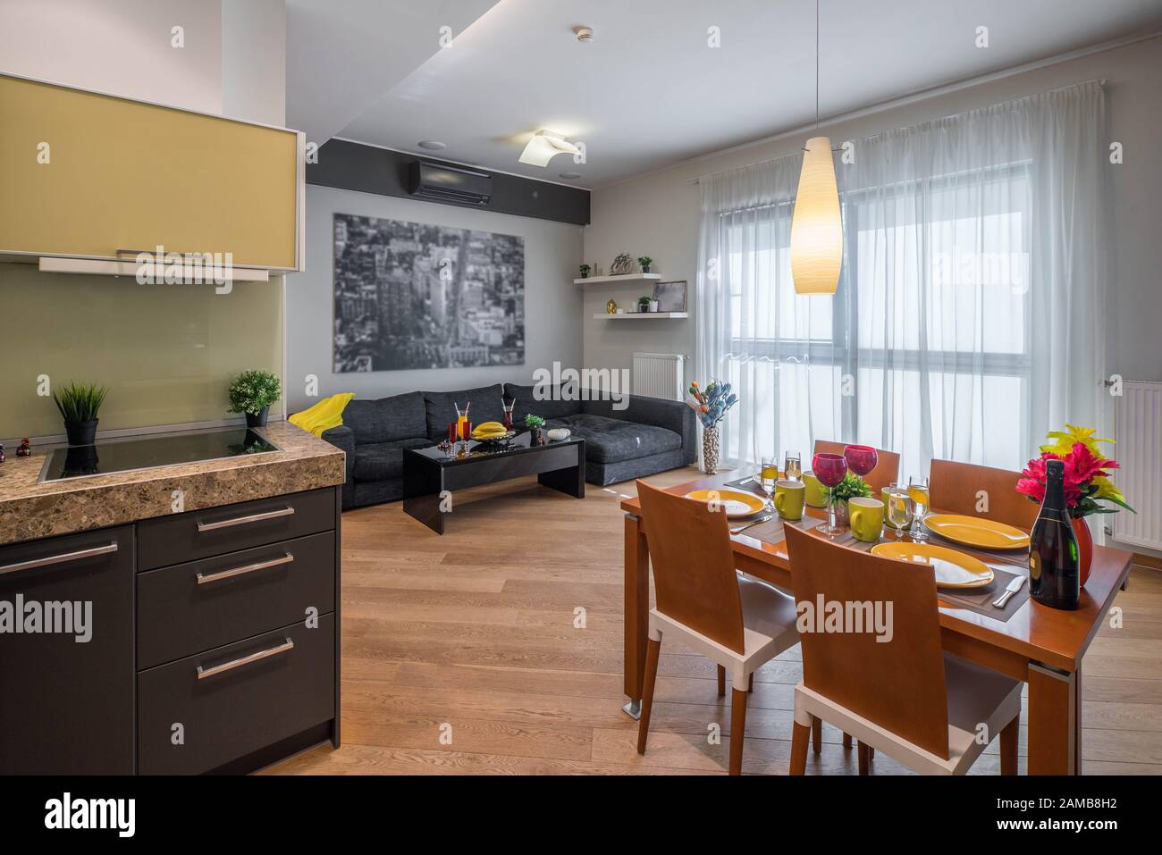 Modern interior of studio apartment with furniture. Living room ...