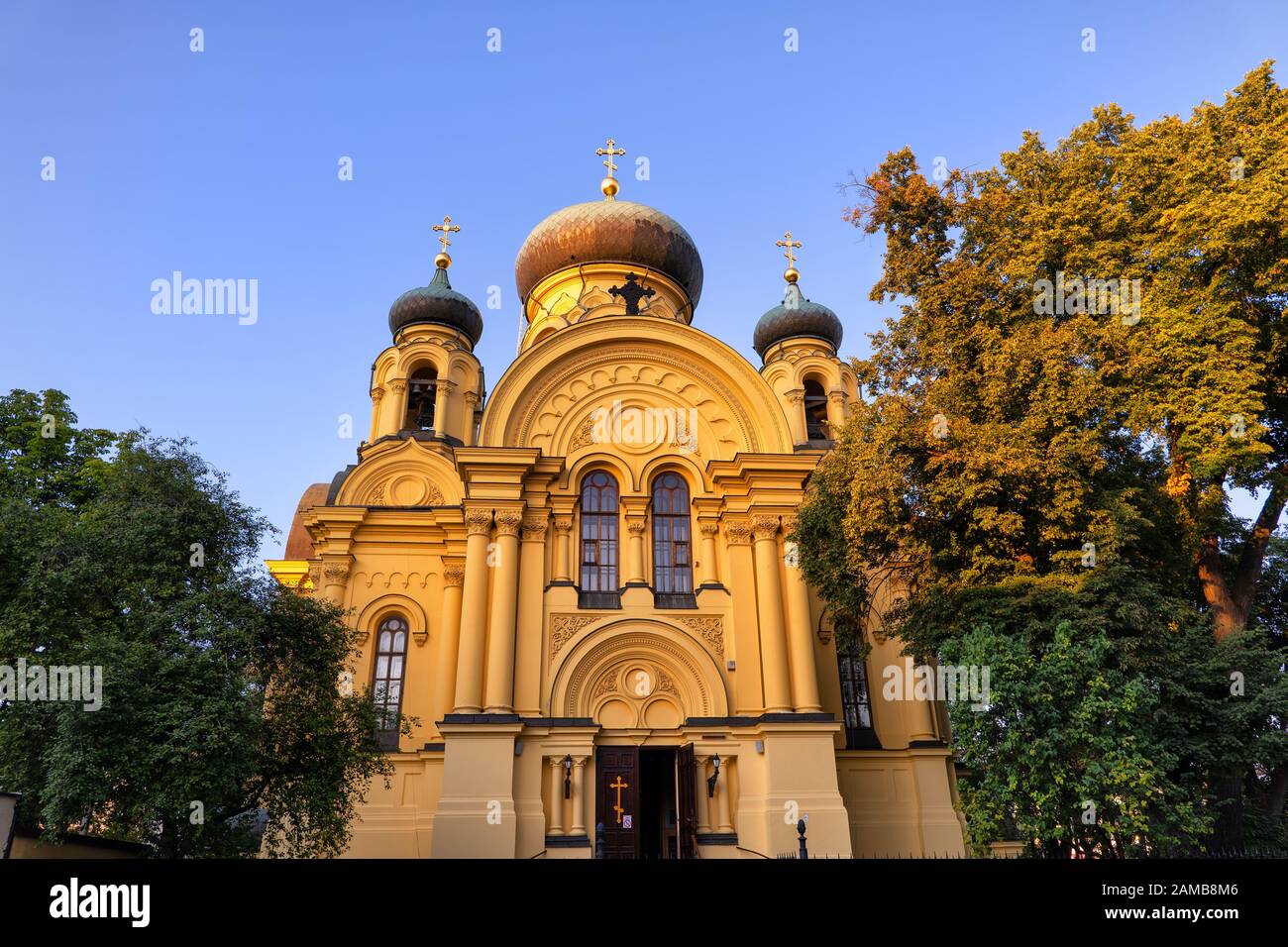 Metropolitan Cathedral of Saint Mary Magdalene at sunset in Warsaw, Poland, Polish Orthodox Church from 1869, Russian Revival style. Stock Photo