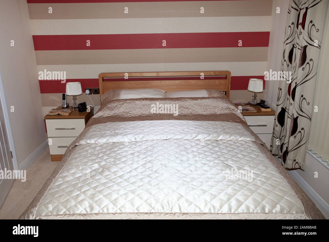 Luxury Interior Bedroom Of A Log Cabin Style Static Caravan Stock