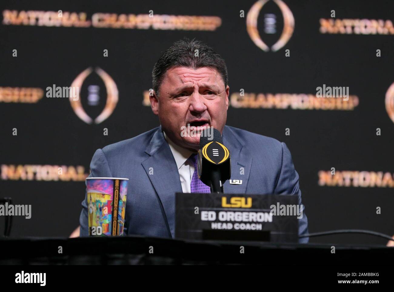 New Orleans, LA, USA. 12th Jan, 2020. LSU Head Coach Ed Orgeron talks with the media during the Head Coaches Press Conference before the College Football National Championship between the Clemson Tigers and the LSU Tigers at the Sheraton Hotel in New Orleans, LA. Jonathan Mailhes/CSM/Alamy Live News Stock Photo