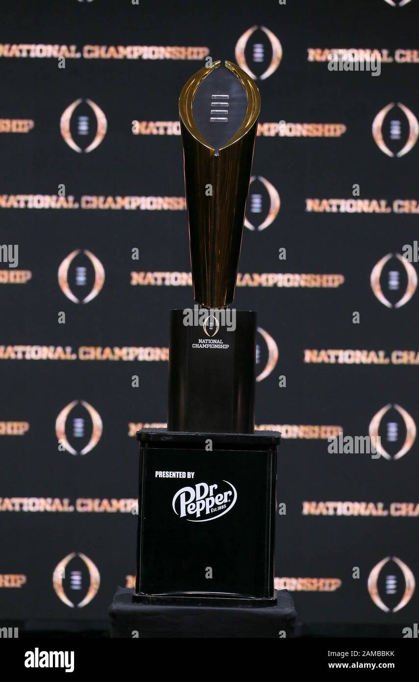 New Orleans, LA, USA. 12th Jan, 2020. The National Championship Trophy is on display during the Head Coaches Press Conference before the College Football National Championship between the Clemson Tigers and the LSU Tigers at the Sheraton Hotel in New Orleans, LA. Jonathan Mailhes/CSM/Alamy Live News Stock Photo