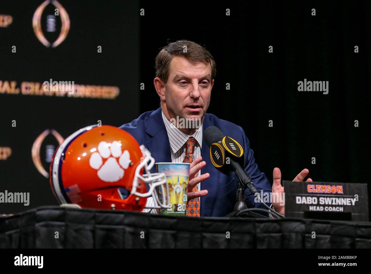 New Orleans, LA, USA. 12th Jan, 2020. Clemson Head Coach Dabo Swinney addresses the media during the Head Coaches Press Conference before the College Football National Championship between the Clemson Tigers and the LSU Tigers at the Sheraton Hotel in New Orleans, LA. Jonathan Mailhes/CSM/Alamy Live News Stock Photo