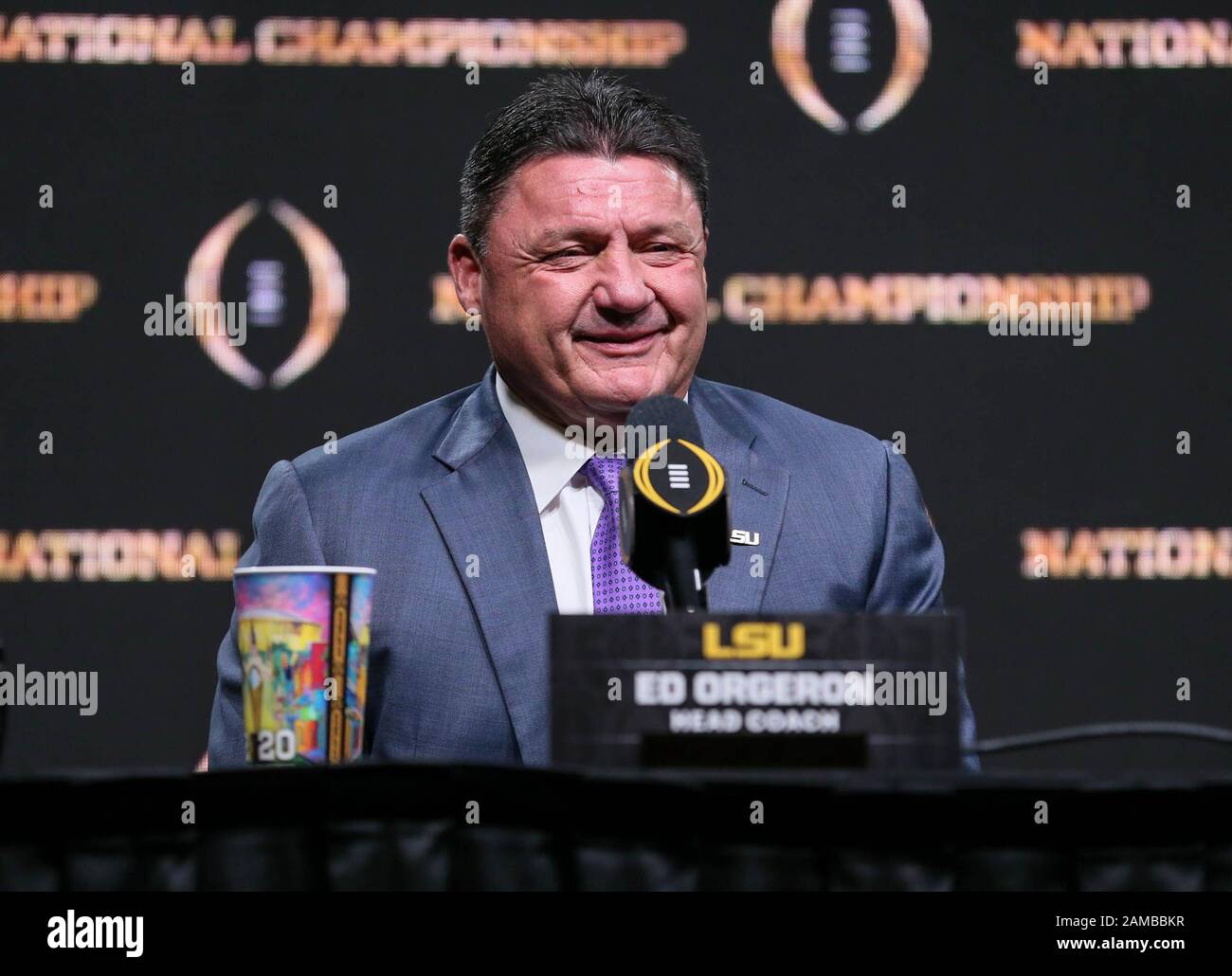 New Orleans, LA, USA. 12th Jan, 2020. LSU Head Coach Ed Orgeron talks with the media during the Head Coaches Press Conference before the College Football National Championship between the Clemson Tigers and the LSU Tigers at the Sheraton Hotel in New Orleans, LA. Jonathan Mailhes/CSM/Alamy Live News Stock Photo