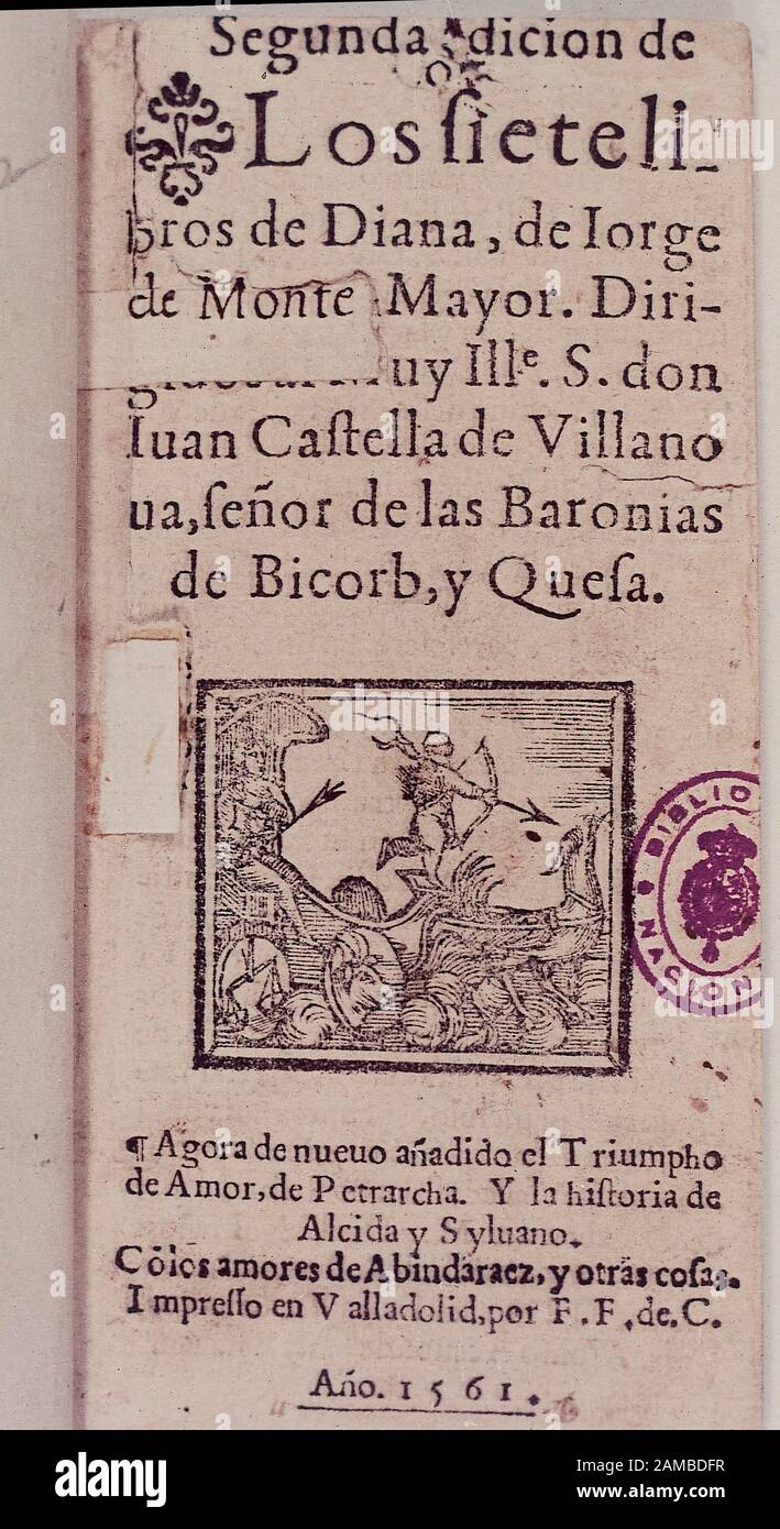 SEGUNDA EDICION DE LOS SIETE LIBROS DE DIANA - 1561. Author: MONTEMAYOR  JORGE. Location: BIBLIOTECA NACIONAL-COLECCION. MADRID. SPAIN Stock Photo -  Alamy