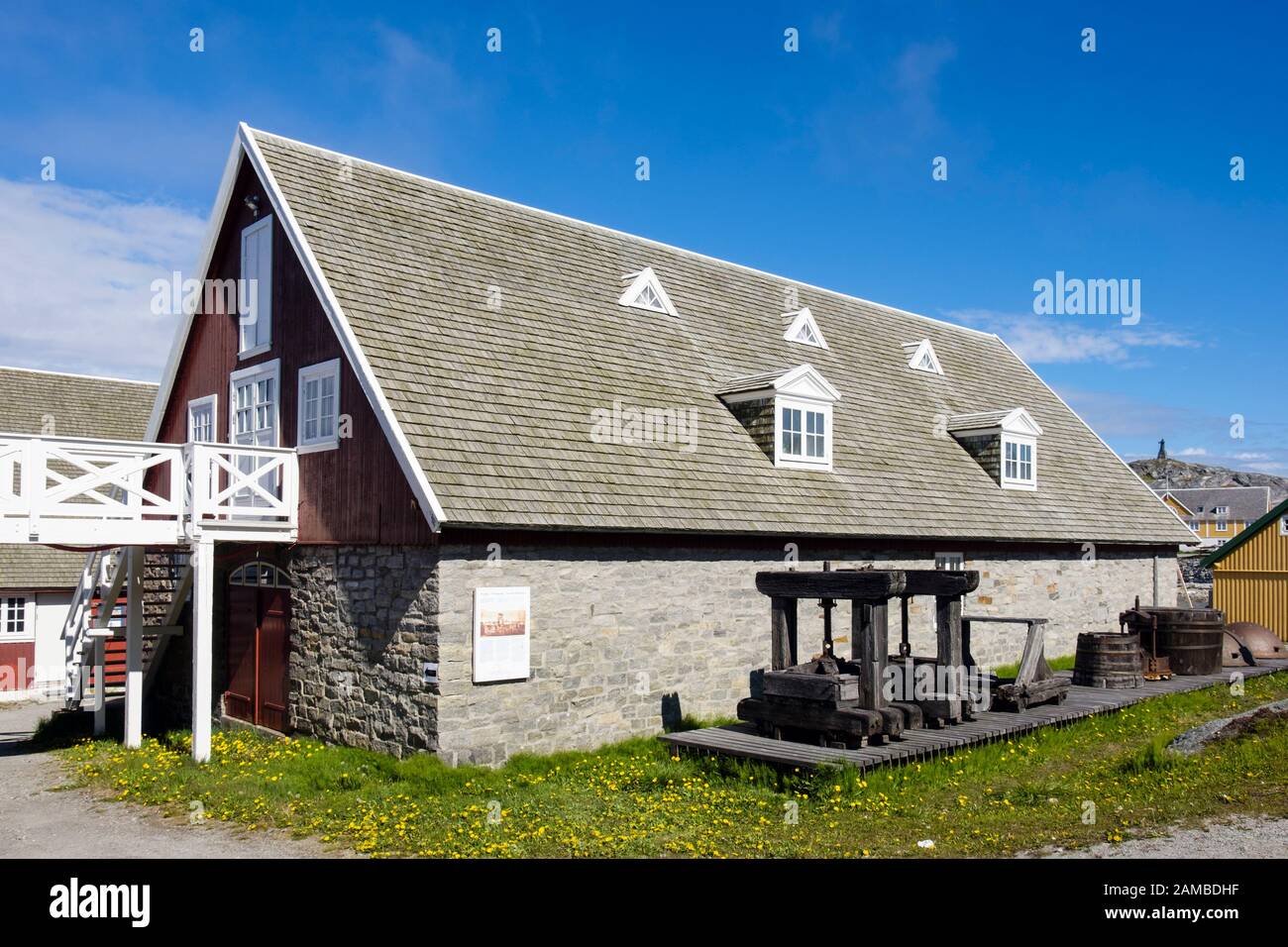 Displays outside part of Greenland National Museum housed in a wooden building. Nuuk (Godthab), Sermersooq, Greenland Stock Photo