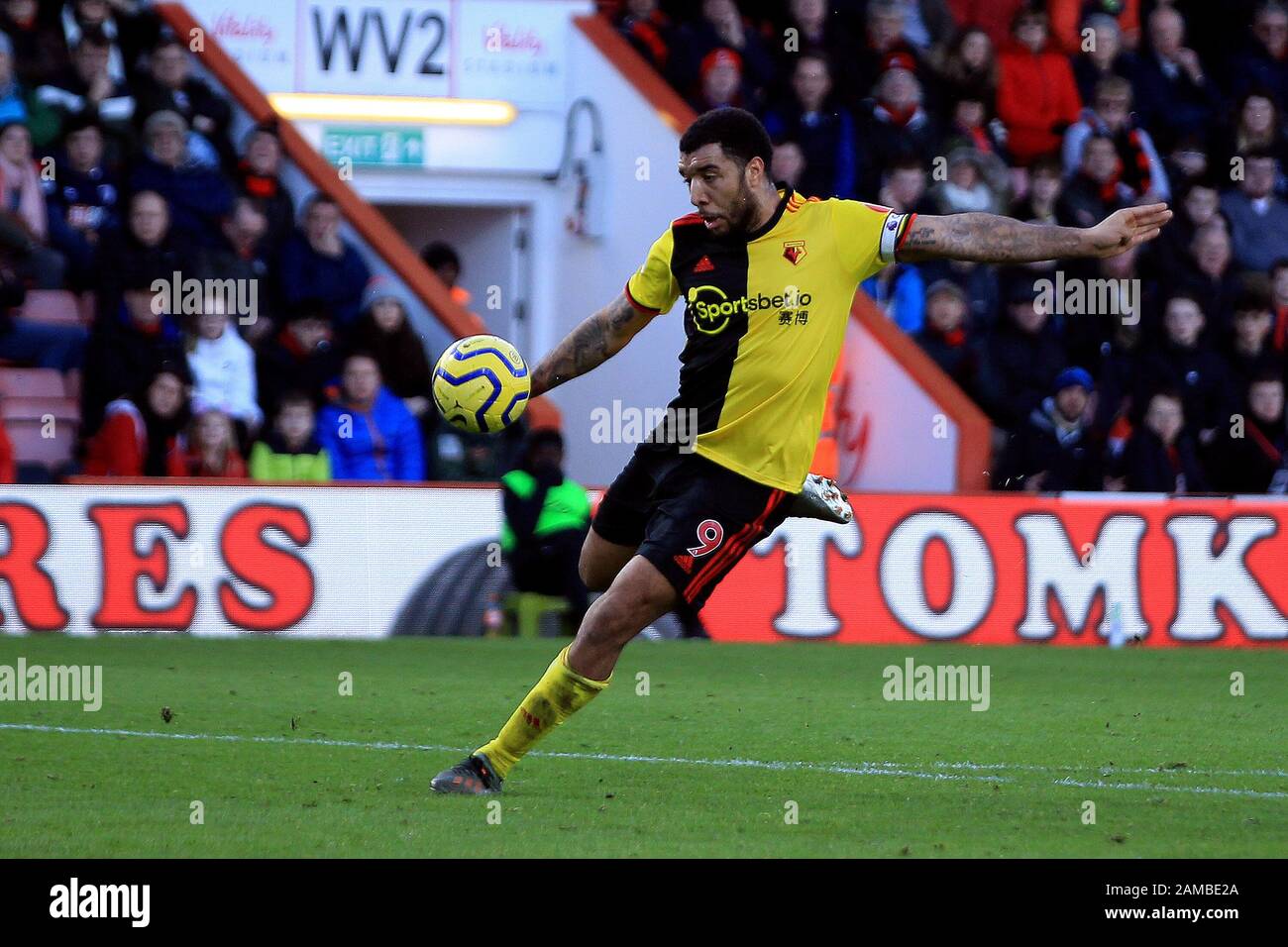 Bournemouth, UK. 12th Jan, 2020. Troy Deeney of Watford takes a shot at goal. Premier League match, AFC Bournemouth v Watford at the Vitality Stadium in Bournemouth, Dorset on Sunday 12th January 2020. this image may only be used for Editorial purposes. Editorial use only, license required for commercial use. No use in betting, games or a single club/league/player publications. pic by Steffan Bowen/ Credit: Andrew Orchard sports photography/Alamy Live News Stock Photo