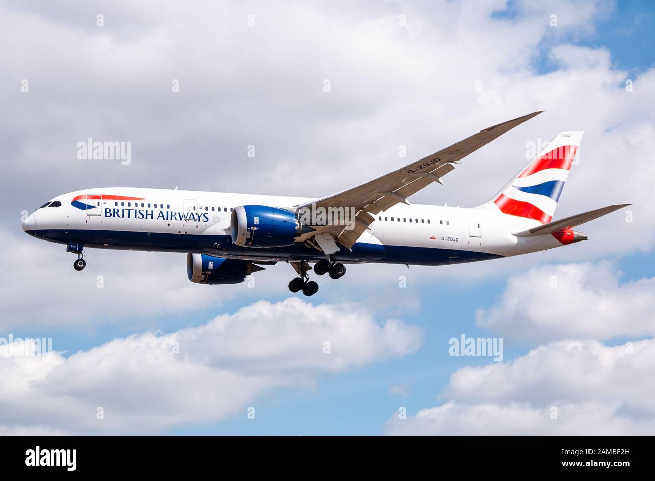 London, United Kingdom - August 1, 2018: British Airways Boeing 787 airplane at London Heathrow airport (LHR) in the United Kingdom. Boeing is an airc Stock Photo